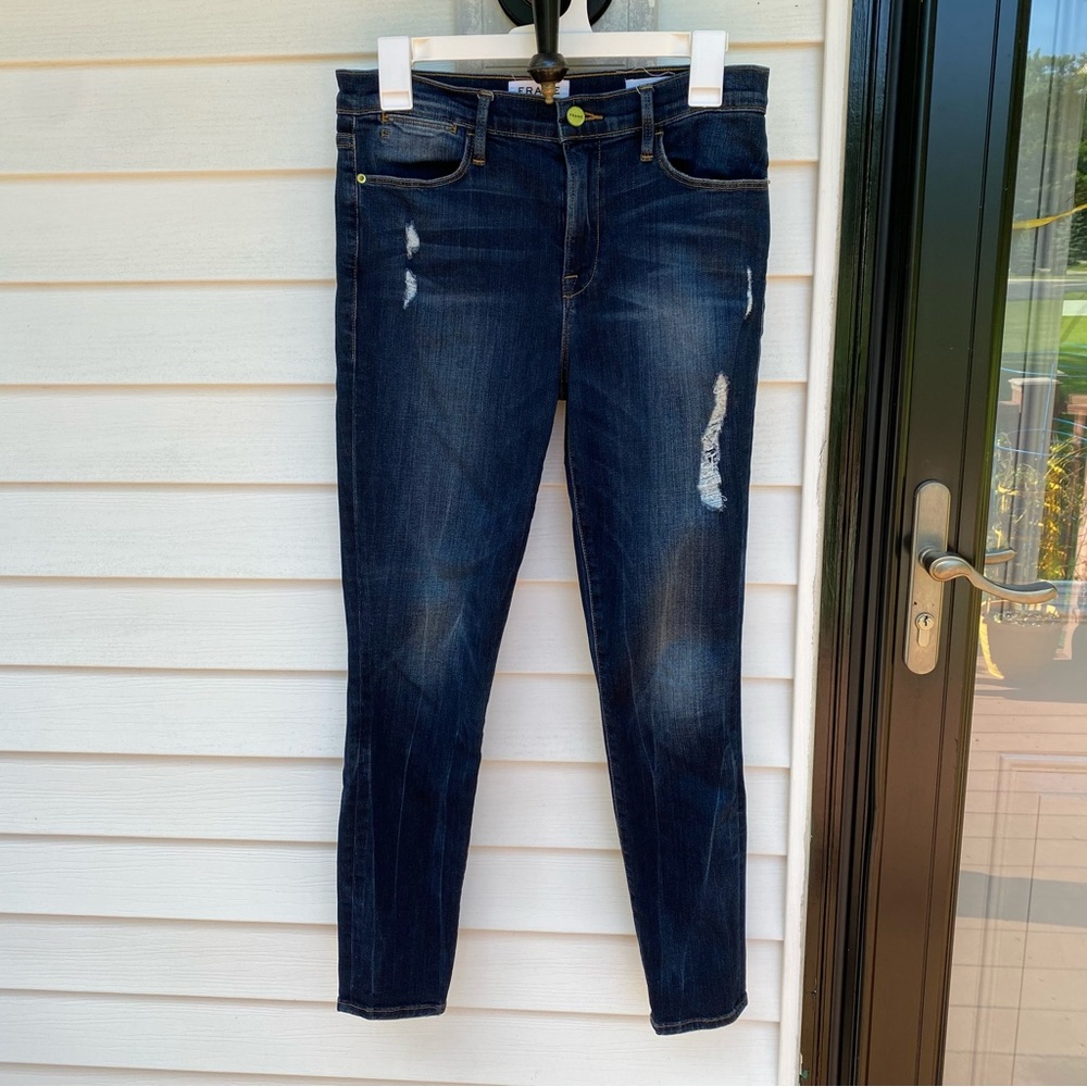 Frame Denim Dark Blue Distressed Skinny Jeans